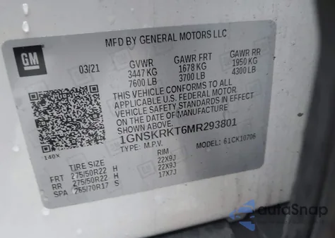 2021 Chevrolet Tahoe 4Wd Rst z USA, uszkodzony, nr VIN 1GNSKRKT6MR293801